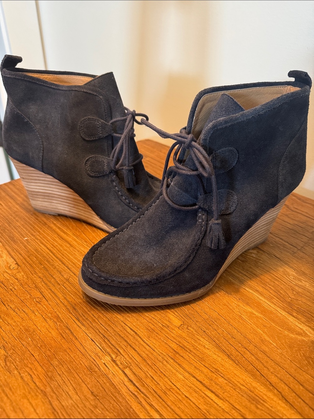Lucky Brand Navy Suede Lace-Up Wedge Booties